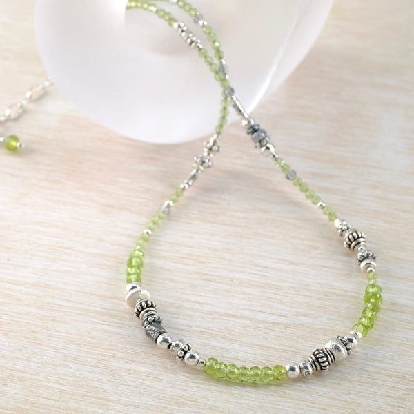 Gemstone and Silver Necklace With Peridot and Crystal.