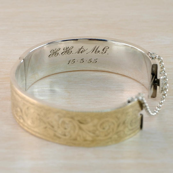 Vintage Gold on Silver Engraved Bangle Bracelet Hallmarked Birmingham 1951.