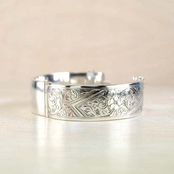 Vintage Engraved Silver Bangle Bracelet, Hallmarked in Birmingham in 1958