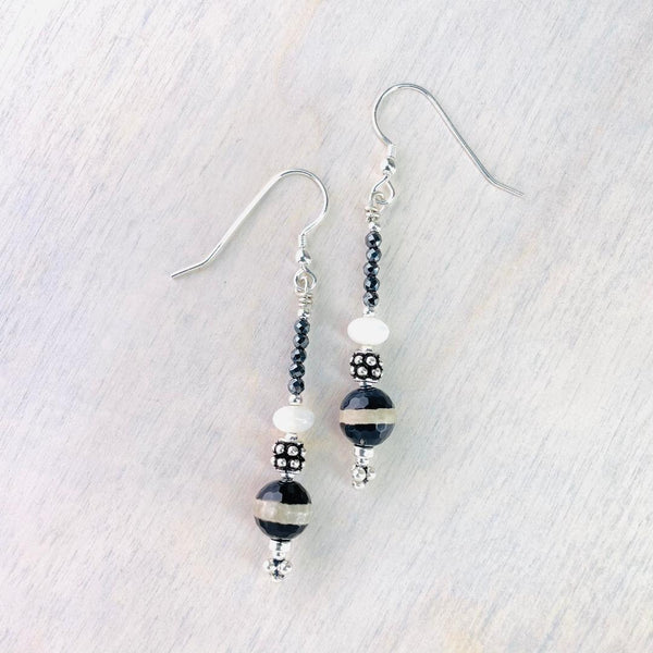 Silver, Tibetan Agate And Mother Of Pearl Bead Earrings.