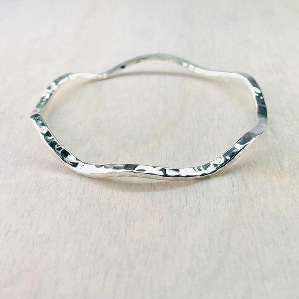 Hammered And Wavy Sterling Silver Bangle.