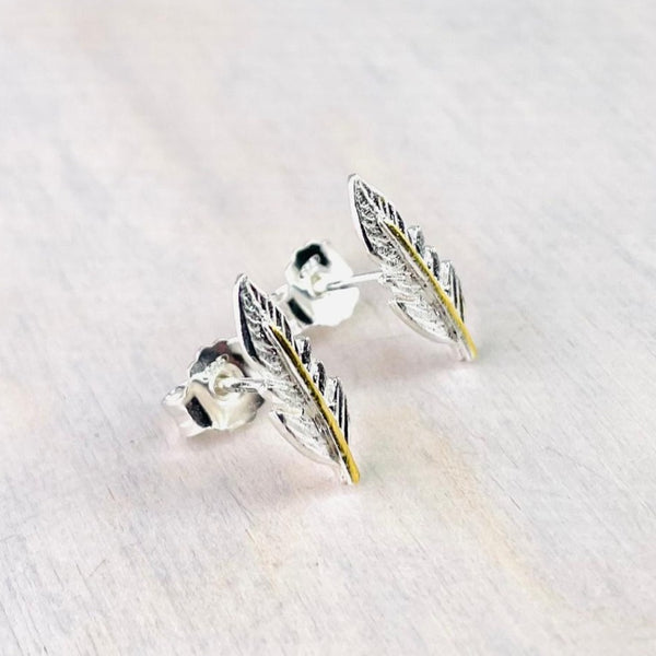 Sterling Silver 'Leaf' Stud Earrings With Gold Plated Detail