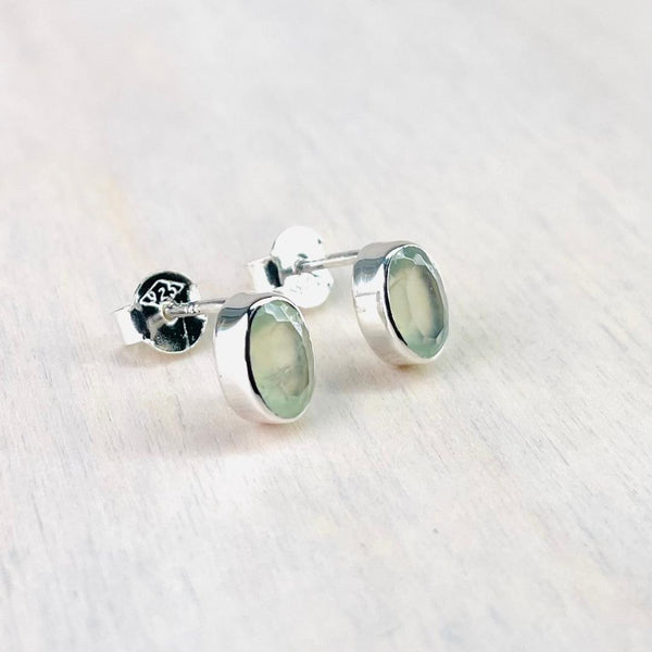 Oval Silver and Faceted Prehnite Stud Earrings.