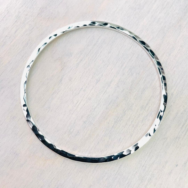 Hammered Sterling Silver Bangle With Flattened Rectangular Profile