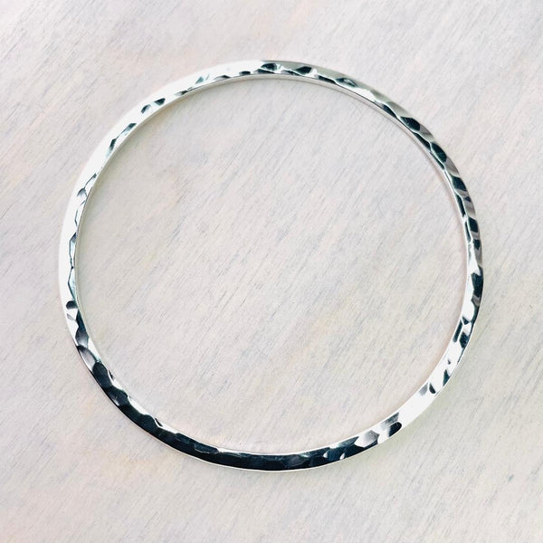 Hammered Sterling Silver Bangle With Flattened Rectangular Profile