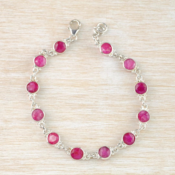 Sterling Silver and Round Ruby Quartz Stone Set Bracelet.