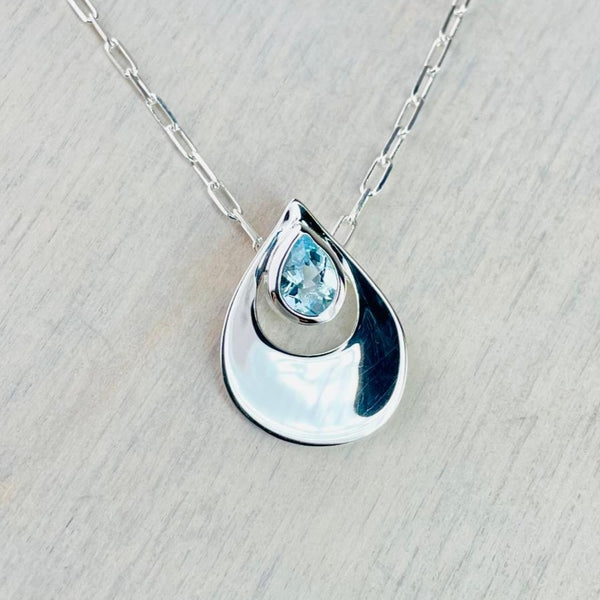 Contemporary Teardrop Blue Topaz and Silver Pendant by JB Designs