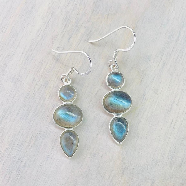 Silver And Labradorite Triple Stone Earrings