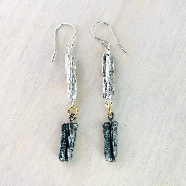 Three Colour Textured Silver Long Drop Earrings by JB Designs.