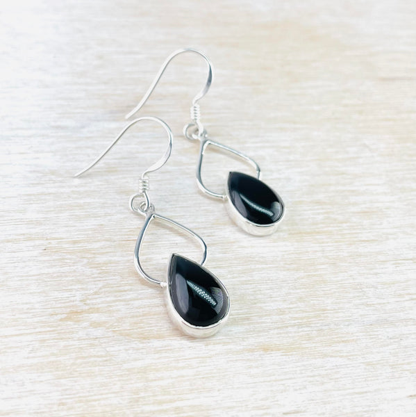 Open Tear Drop Sterling Silver and Black Onyx Drop Earrings.