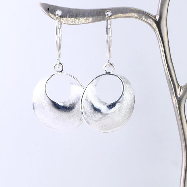 Brushed, Textured Circular Silver Drop Earrings by JB Designs.