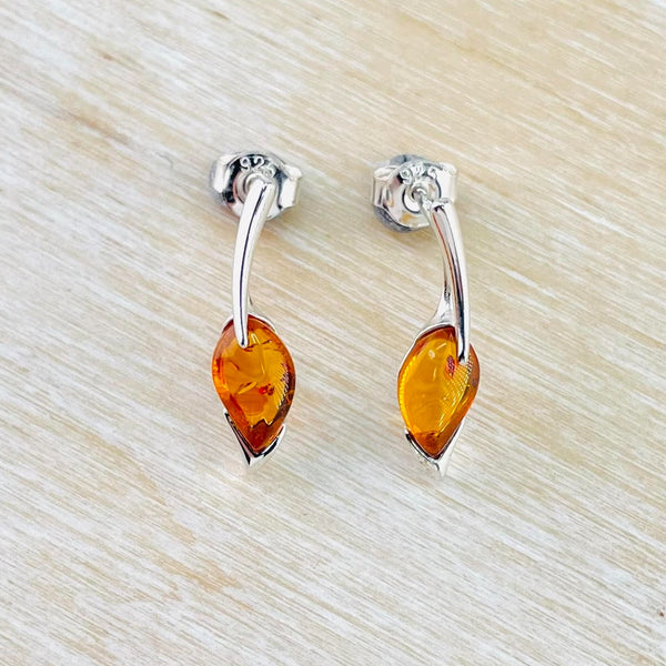 Cognac Amber and Sterling Silver Post Earrings.