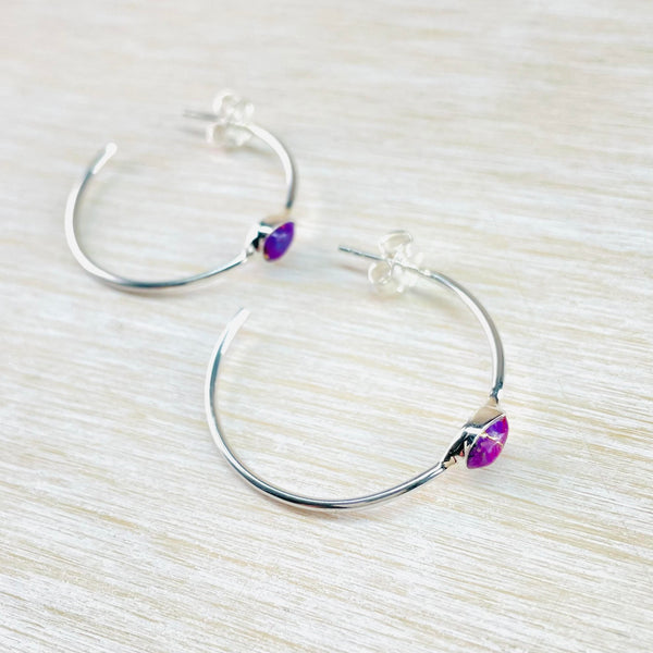 Sterling Silver and Purple Mojave Turquoise Hoop Earrings.