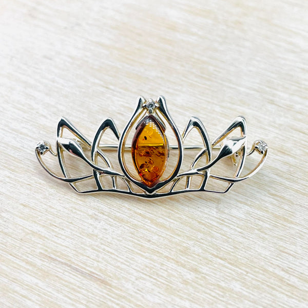 Sterling Silver, Baltic Amber and CZ Brooch.