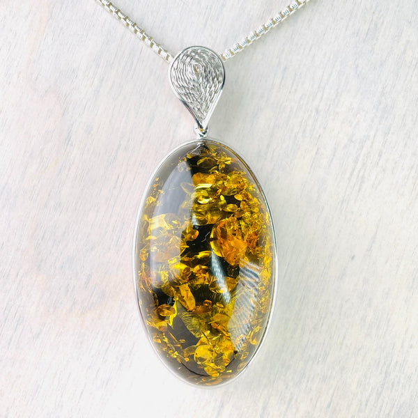 Gold Green Amber Pendant Sterling Silver Necklace Polish Jewelry