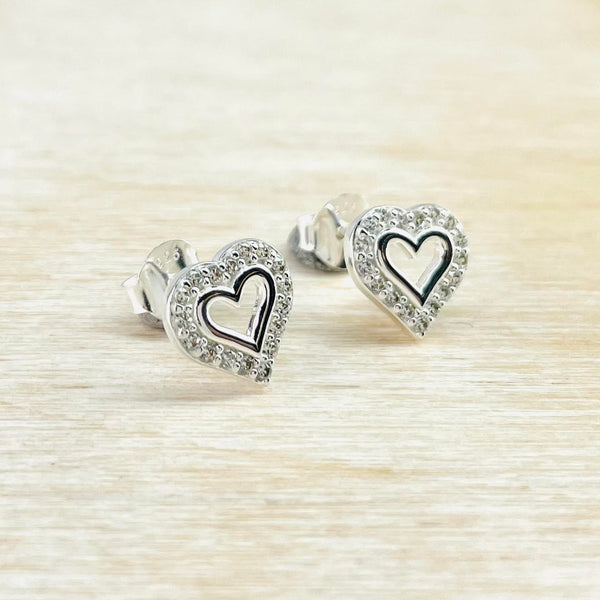 Heart Shaped Sterling Silver and Pavé set CZ Stud Earrings