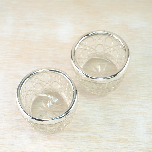 Pair of Antique Glass and Silver Salt Cellars, Hallmarked London 1921.