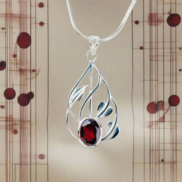 Garnet and Sterling Silver Mackintosh Inspired Pendant.