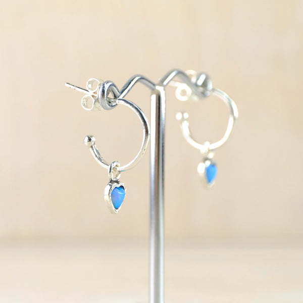 Sterling Silver Half Hoop and Hanging Heart Opal Earrings.