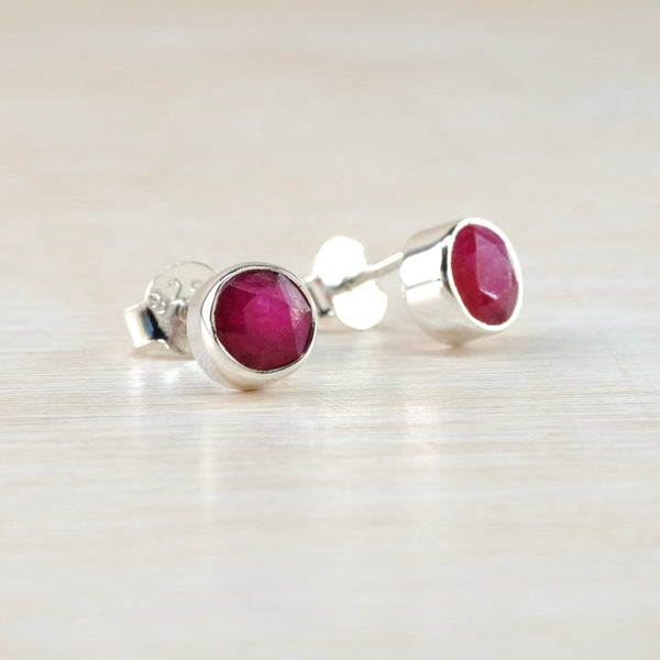 Round Ruby Quartz and Sterling Silver Stud Earrings.