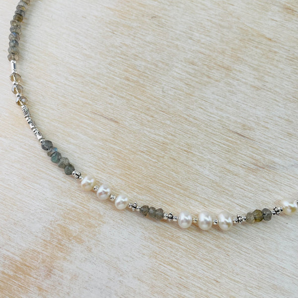Labradorite, Freshwater Pearl, Crystal and Silver Bead Necklace by Emily Merrix.