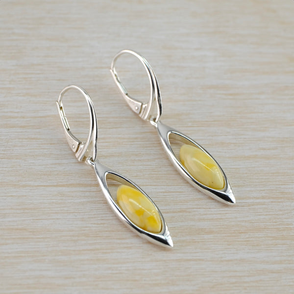 Marquise Milky Honey Amber and Silver Drop Earrings.