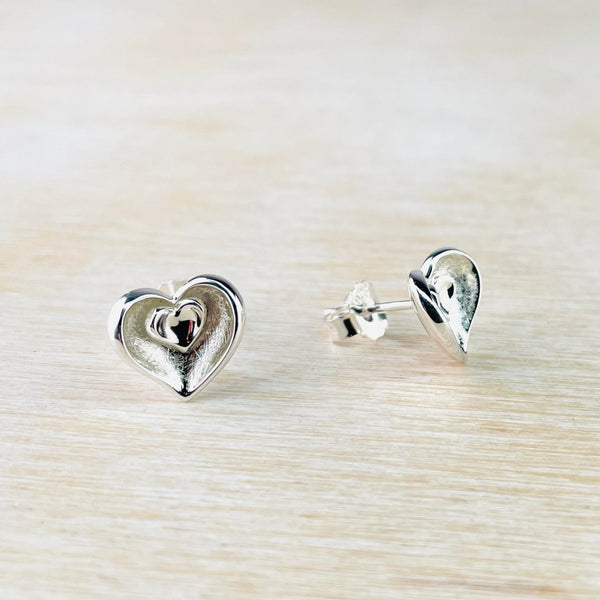 Polished and Textured Silver Heart Stud Earrings by JB Designs.