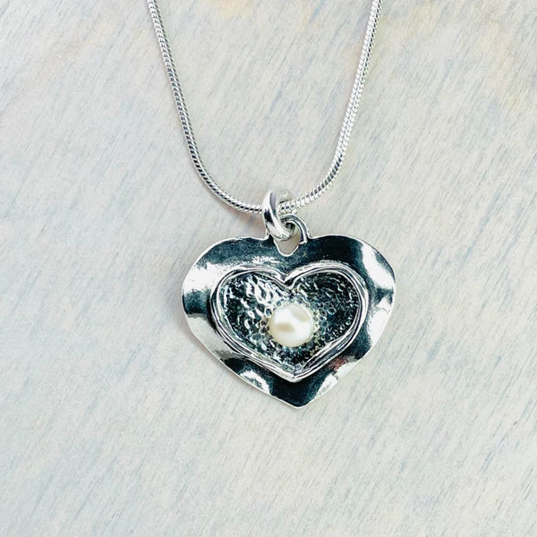 Contemporary Textured Silver and Pearl Heart Pendant.
