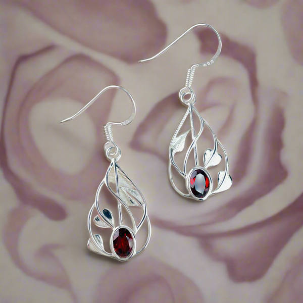 Sterling Silver and Garnet Mackintosh Style Drop Earrings.
