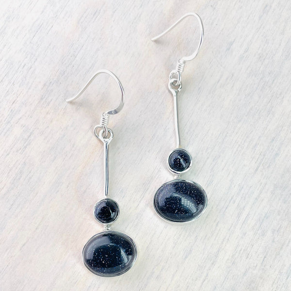 Sterling Silver and Double Blue Goldstone Drop Earrings.