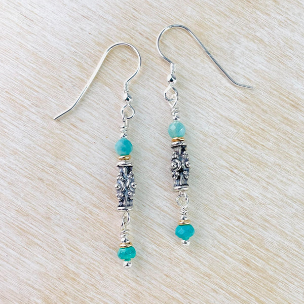 Turquoise, Amazonite and Silver Beaded Earrings by Emily Merrix.