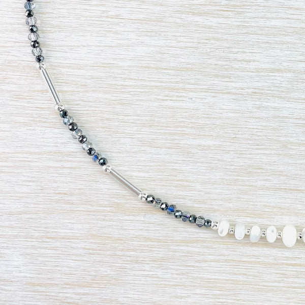 Mother of Pearl, Crystal, Spinel and Sterling Silver Bead Necklace by Emily Merrix.