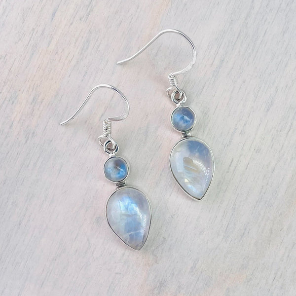Silver and Two Shaped Rainbow Moonstone Earrings