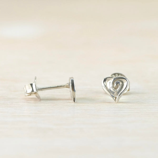 Polished Sterling Silver Heart Stud Earrings with an Open Spiral.