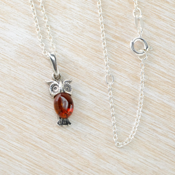 Amber and Sterling Silver Owl Pendant.
