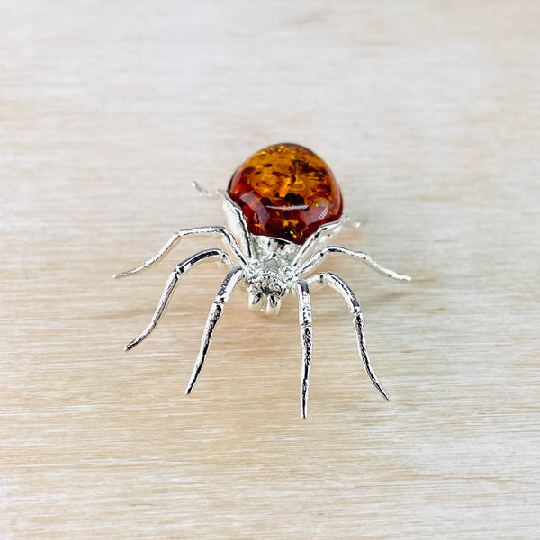 Sterling Silver and Amber Spider Design Brooch.