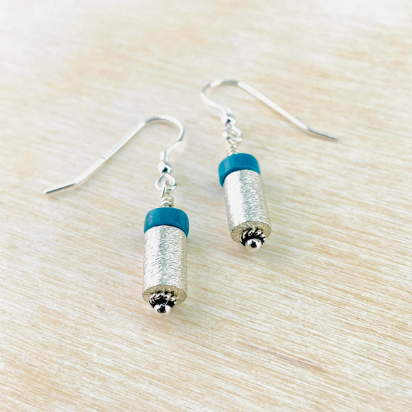 Turquoise and Brushed Sterling Silver Bead Drop Earrings.