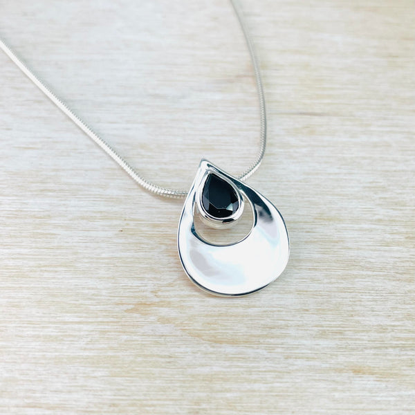 Cut Out Tear Drop Sterling Silver and Black Onyx Pendant.