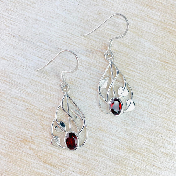 Sterling Silver and Garnet Mackintosh Style Drop Earrings.