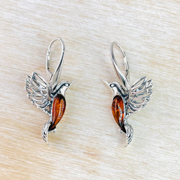 Sterling Silver and Amber Hummingbird Earrings.