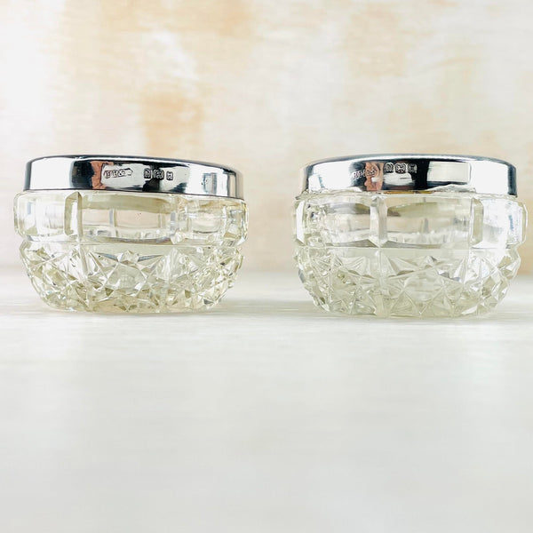 Pair of Antique Glass and Silver Trinket Pots, Hallmarked London 1923.