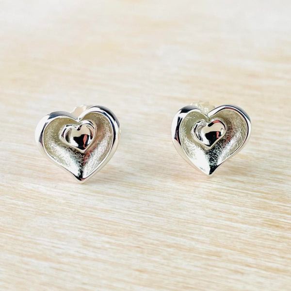 Polished and Textured Silver Heart Stud Earrings by JB Designs.