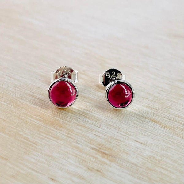 Cabochon Garnet and Sterling Silver Stud Earrings.