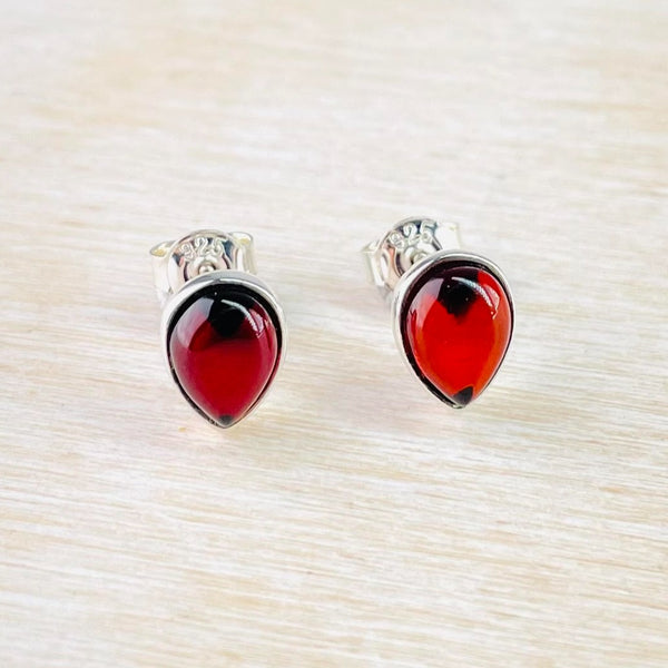 Tear Drop Cherry Amber and Silver Stud Earrings.