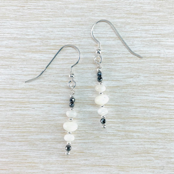 Sterling Silver, Spinel and Mother of Pearl Bead Drop Earrings by Emily Merrix.