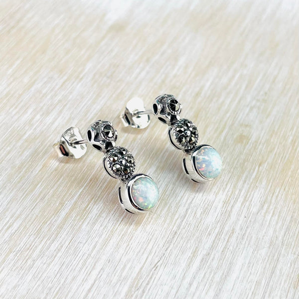 Sterling Silver, Marcasite and Created Opal Earrings.