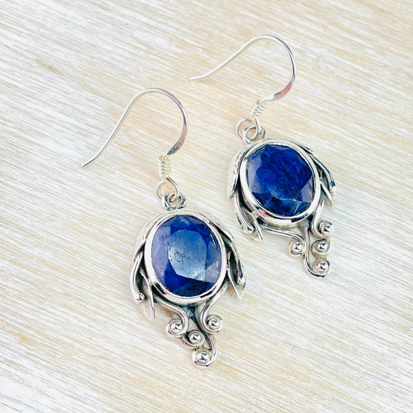 Sterling Silver and Sapphire Quartz Art Nouveau Style Drop Earrings.