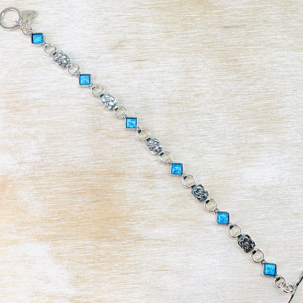 Sterling Silver Flower and Square Opal Linked Bracelet.