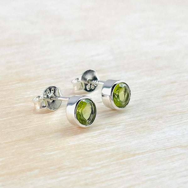 Simple Silver and Round Peridot Stud Earrings.