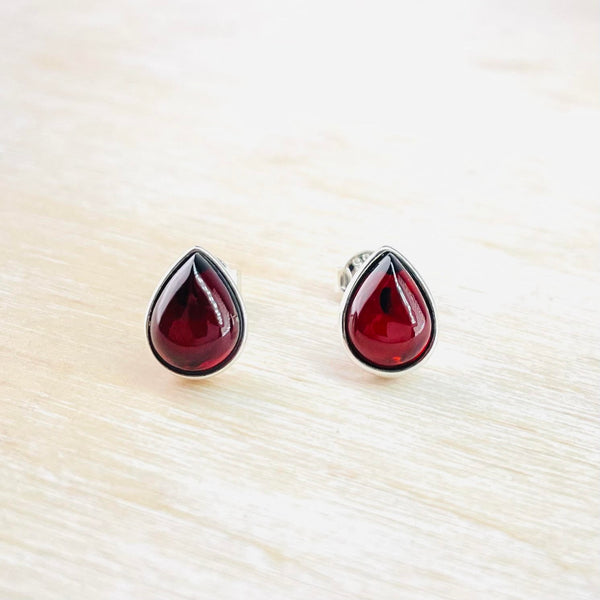 Tear Drop Cherry Amber and Sterling Silver Stud Earrings.